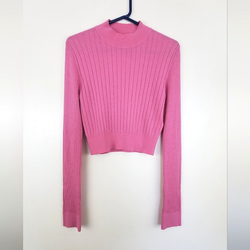 Tome Pink Cropped Ribbed Knit Sweater Long Sleeves Soft Wool Blend Size Large